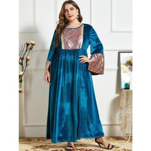 Middle East Ramadan Muslim Velvet Long Dress Women Islamic Clothing Ramadan Dubai Maxi Robe O-neck Arab Abaya Kaftan Plus Size