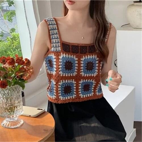 Boho Retro Vintage Crochet Camis Tank Tops For Women Girls Sexy Hollow Out Colorful Sexy Spaghetti Strap Crop Top Beach Holiday