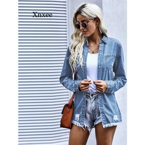 Fall/winter 2021 Womens Denim Jacket Washed Frayed Lapel Long Sleeve Solid Color Ripped Denim Jacket Casual