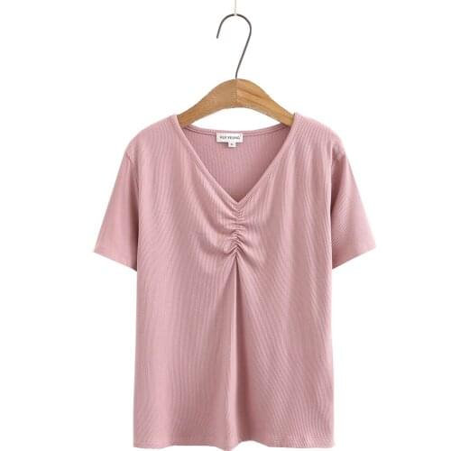 Plus size cotton pink black white blue women short sleeve tshirts 2021 new summer casual ladies soft V neck t shirts female tops