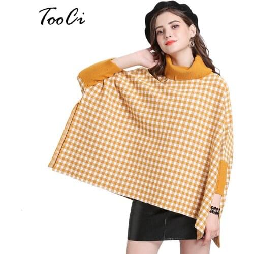 Womens Clothing Yellow Capes And Ponchoes Loose Jacket Small Plaid High Collar Pullover Cloak Shawl Female Knitted Sweater New