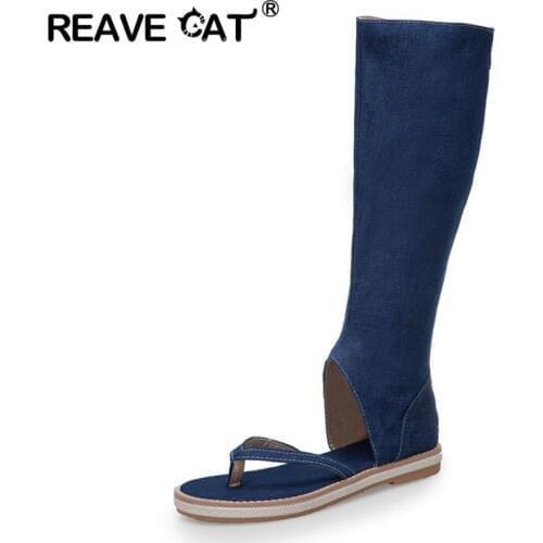 REAVE CAT shoes woman clip toe sandals blue denim jeans flat shoes women summer zipper gladiator booties sandalias mujer size 43