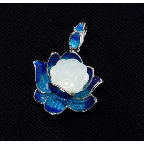 2018 New S925 pure silver natural hetian jade lotus lotus cloisonne enamel high-end joker female pendants wholesale