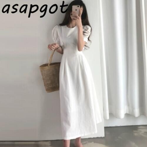 Minimalist Korean Chic Slim Lace Up Waist Solid Plus Size White Puff Sleeve A Line Cotton Linen Dress Women Vestido De Mujer