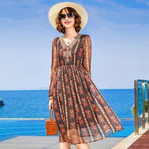 High Quality Vintage Midi Woman Dress 100% Silk Dress Elegant Long Sleeve Dresses for Women Spring Summer 2021 Vestidos Pph3300