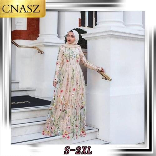2019 Muslim Dress Dubai Elegant Fashion Lace Embroidered Womens Islamic Turkey Fresh Sweet Fower long sleeve Dress