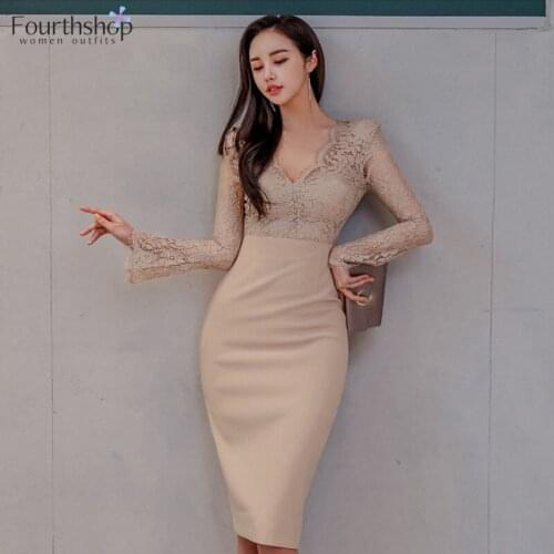 2021 Summer Elegant Evening Party Dress Women Sexy V-Neck Lace Hollow Out Patchwork Knee-Length Office Bandage Dresses Female XL