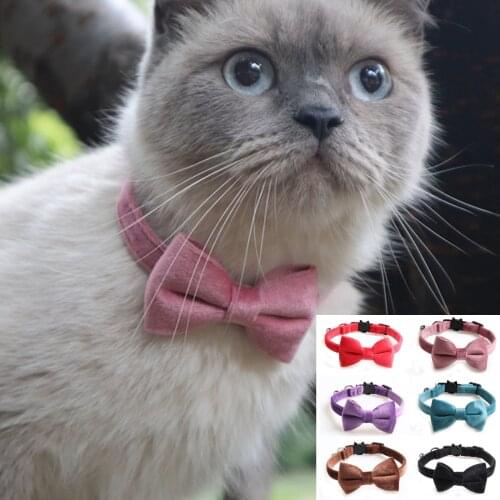 Velvet Cat Collar Solid Color Bowknot Puppy Chihuahua Collars with Bell Adjustable Safety Buckle Pets Accessories 28cm long 1PCs