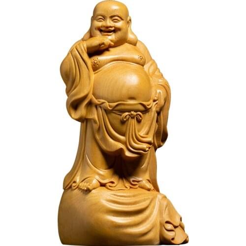 BIG BELLY MAITREYA BUDDHA STATUE BOXWOOD CARVE YELLOW WOOD ORNAMENTS FAMILY SACRIFICE PRAYER DECORATION R1599