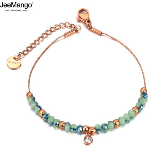 JeeMango Sparkling Green CZ Crystal Charm Bracelets Bangles For Women Stainless Steel Link Chain Bohemia Beach Bracelet JB20189