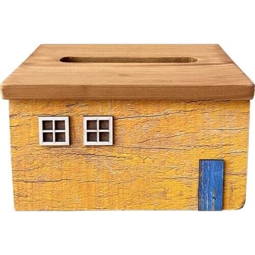 American style wood tissue box in the shape of colorful house