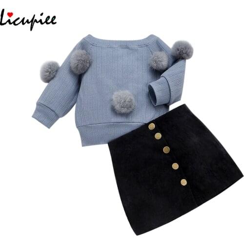 Toddler Kids Baby Girls Clothing Set Autumn Winter Pom Pom Long Sleeve Tops Skirts Outfits Kid Children Costumes 1-6years