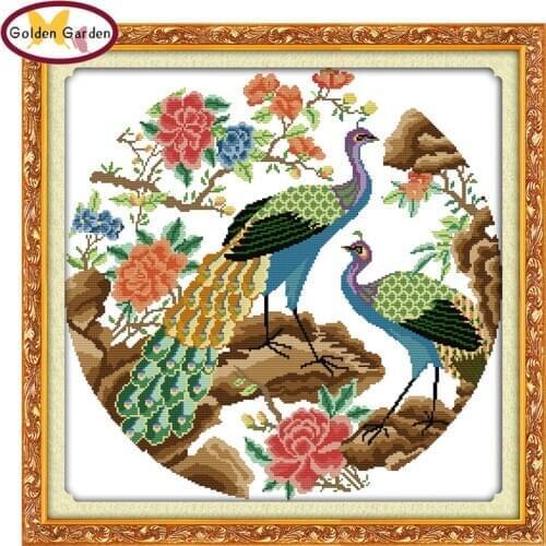 GG Two Peacocks Cross Stitch Pattern HandiCraft Painting Needlework Embroidery Kit Joy Sunday Animal Cross Stitch for Home Decor