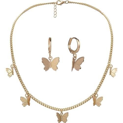 Butterfly Necklace Earrings Set Clavicle Chain Adjustable Butterfly Chain Necklace Charm Hoop Earrings Butterfly Jewelry