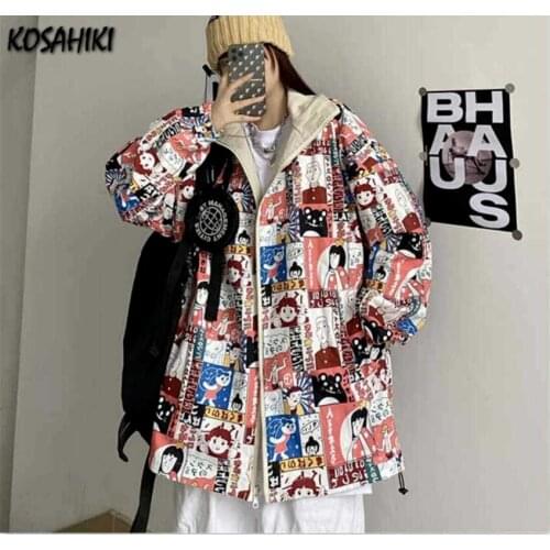 KOSAHIKI Reversed Jackets Women Students Harajuku Preppy Style Womens Patchwork Cartoon Print Tops Loose Streetwear Coats