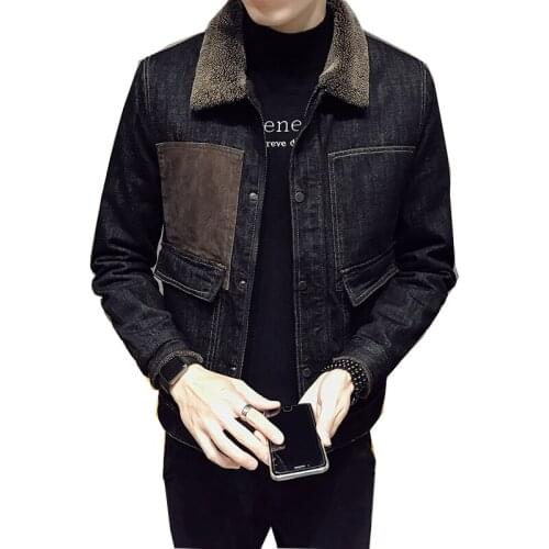 2021 fashion denim jacket men winter plus velvet thick fur collar warm jacket men