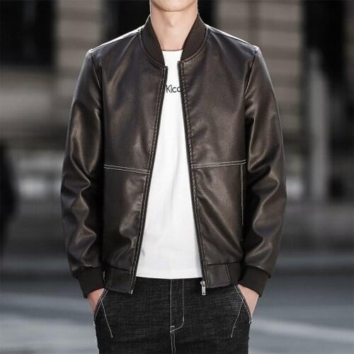 2021 Mens Spring and Autumn New Patchwork Leather Jacket Youth Trendy Slim Handsome Motorcycle Stand Collar Leather Jacket