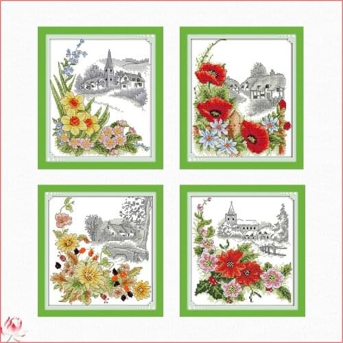 The Four Seasons Flower Scene Cross Stitch Kit 14ct 11ct Canvas Fabric Embroidery Kit DIY Pattern Sewing Set Home Decoration