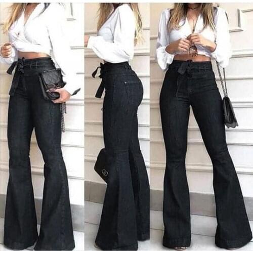 Spring/Autumn New Products Womens Jeans Fashion Casual Micro-elastic Lace-up Pure Color Ladies Denim Flared Wide Leg Pants WS97