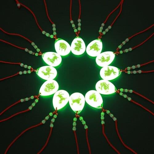 12 Chinese Zodiac Green Light Necklaces Men Luminous Water Drop Crystal Pendant Necklace Adjustable Red Rope Chain Women Jewelry