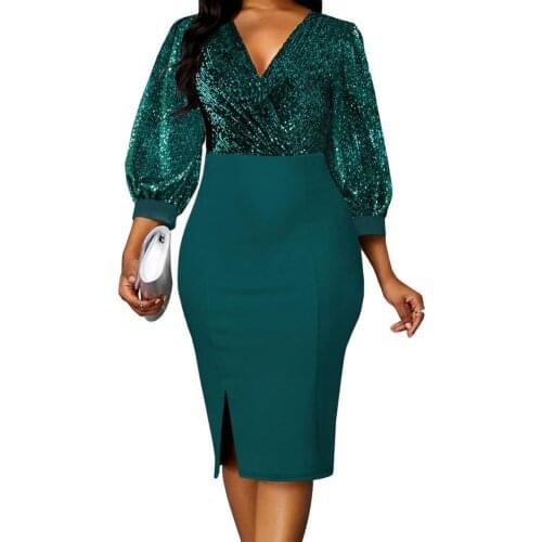 African Dress For Women Formal Dress Shiny V Neck Elegant 3/4 Lantern Sleeve Patchwork Bodycon Dress for Wedding Office Ladies