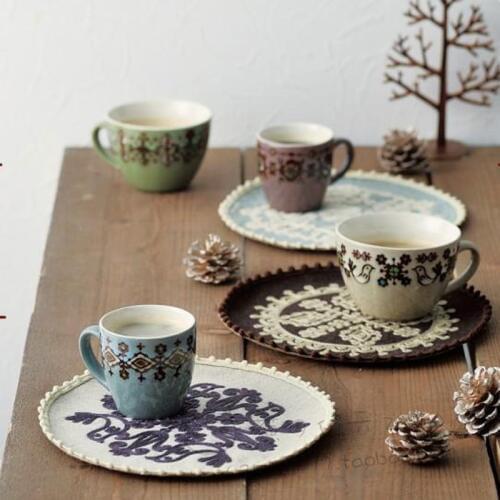 Cotton Linen Placemat Cup Holder Vintage Embroidery Floral Round Drink Coasters Tray Tea Pot Placemats Home Dining Table Decor