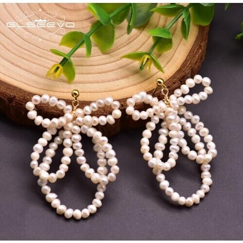 GLSEEVO Handmade Fresh Water Pearls Bow-Knot Hyperbole Dangle Earrings For Girls Wedding Cute Jewellery For Women Brincos GE0953