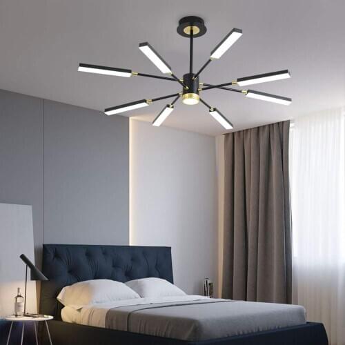 Modern LED Sputnik Chandeliers 8-Lights Black&Gold 6500K Lighting Fixture for Bedroom Livingroom Dinning Room