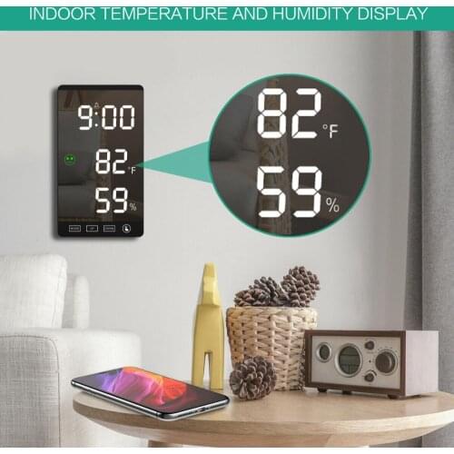 LED Display Thermometer Hygrometer Mirror Clock Electronic Weather 24/12H Time Display Touch Control Automatic Dimming Bracket