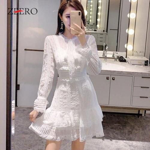 Spring Autumn Womens Exquisite Mbroidery White Cake Dress Lace Tie Lantern Slevee Sweet Sexy Slim A-Line Cascade Mini Dresses