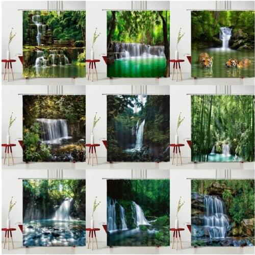 Spring Natural Scenery Bath Curtains Waterfall Green Forest Valley River Tigers Bathtub Decoration Waterproof Shower Curtains