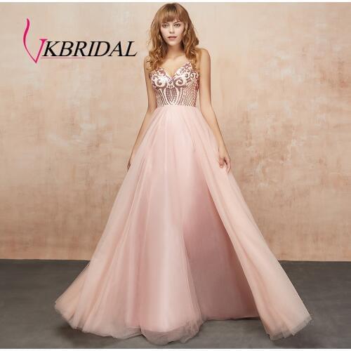 VKbridal Sequin Lace Homecoming Dresses Long Tulle Formal Wear Sparkle A-line Backless Party Gowns V-neck Evening Dress 2019