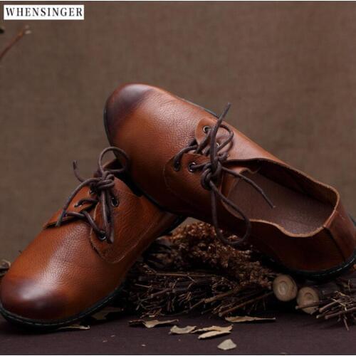Whensinger - Women Flat Shoes loafers Genuine Leather Casual Vintage Comfortable Tie Flats Shoe