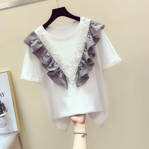2020 New Female Korean Style Beads Lotus Leaf Lace Round Collar Short Sleeve Student Shirts Summer Tshirt