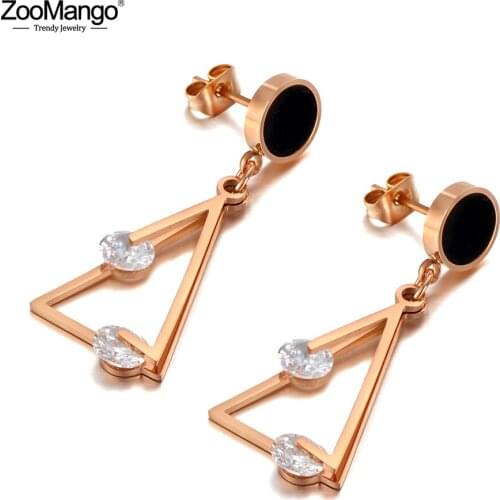 ZooMango Bohemia Hollow Geometric Triangle Earrings 316L Stainless Steel Trendy CZ Crystal Earrings Jewelry For Women ZE20103