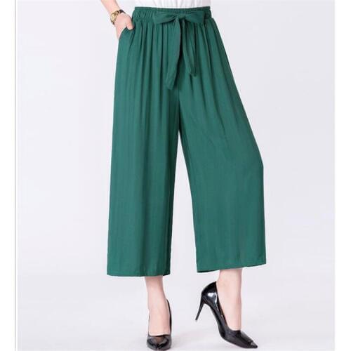 Women Summer Wide Leg Pants Solid Thin High Elastic Waist Trousers Loose Elegant Knitted Ankle-Length Pants Plus Size M-7XL