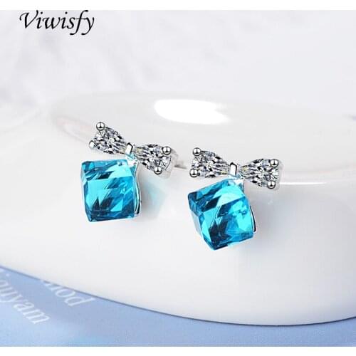 Viwisfy Solid 925 Sterling Silver Jewelry Wedding Gift Luxury Bowknot Square Crystal Stud Earrings For Women VW21072