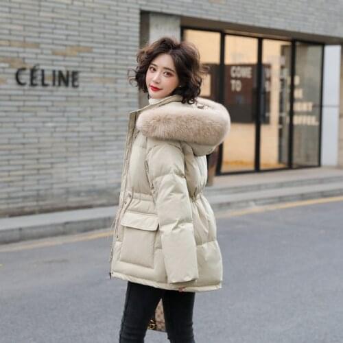 2021 Winter White Duck Down Coats Women Puffer Jackets Real Fox Fur Collar Short Hooded Female Adjustable Waist Outwear