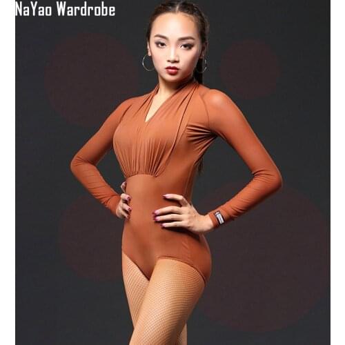 2020 New Women Latin Dance Bodysuit Long Sleeve V Neck Sexy Latin Dancing Tops for Samba Tango Chacha Belly Performamnce A1054-1