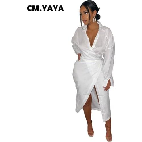 CM.YAYA Women Midi Dress Solid Full Sleeve Turn-down Collar Bandage Asymmetrical A-line Dresses Fashion Vestidos Autumn 2021