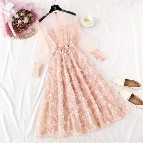 2019 French Style Spring Women Lantern Sleeve Sequined Dresses Summer False Two Piece Mesh Dress Long Sexy Dress Vestidos WZ743