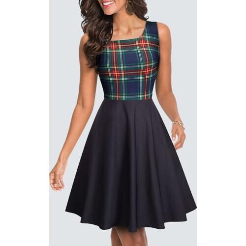 Women Vintage Sleeveless Patchwork Summer Dress Casual Fashion Swing Party A-line Dress HA082