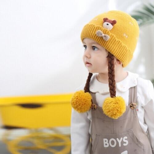 Baby Winter Hat Infant Wool Knitted Hat Cap With Two Double Fur Toddler Boys Girls Warm 0-2Years
