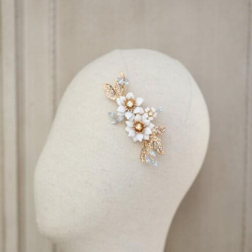 SLBRIDAL Handmade Golden Rhinestone Crystal Alloy Flower Leaf Bridal Hair Clips Barrettes Wedding Hair Accessories Women Jewelry