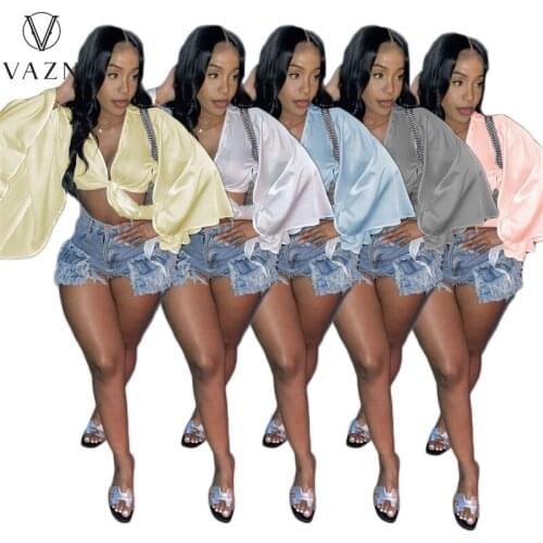 VAZN 2021 Early Autumn Style Solid Chiffon Young Sexy Full Sleeve Bandage Top Joker Sweet Young High Waist Women Mini Tees