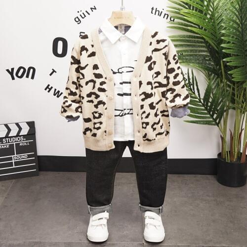 Children Clothing Sets Spring Autumn Baby Boys Clothes Leopard Print Sweaters, Shirts, Jeans 3pcs Cotton Suits Toddler Tracksuit