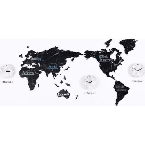 DIY 3D World Map Wall Clock Large MDF Wooden Marbling Watch Wall Clock Modern Design European Style Round Mute Relogio De Parede