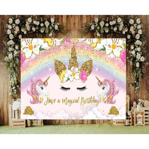 Cartoons Custom Girls Photography Backdrops Gold Rainbow Unicorn Kids 1st Birthday Photo Studio Background Photophone Banner