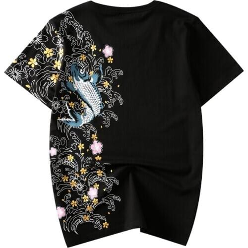 Brocade carp Embroidery 2021 Summer 100% Cotton Oversized T Shirt Men Short Sleeve Tshirt High Street Anime Top Tee Clothes B166