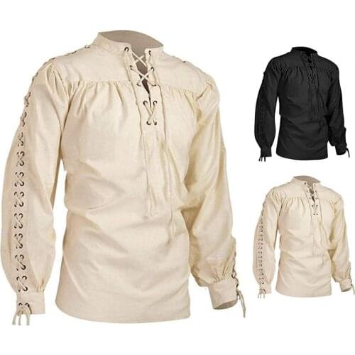 Retro Stylish Stand Collar Lace-up Neck T-shirt Vintage Men Shirt Drawstring for Party